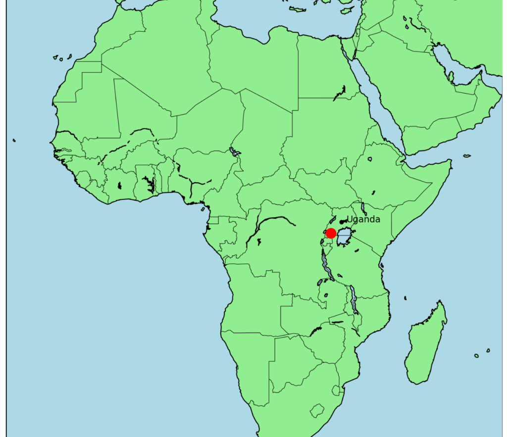 Uganda is landlocked on the eastern side of Africa. The Archdiocese of Mbarara centers on the red dot, based in the city of Mbarara.